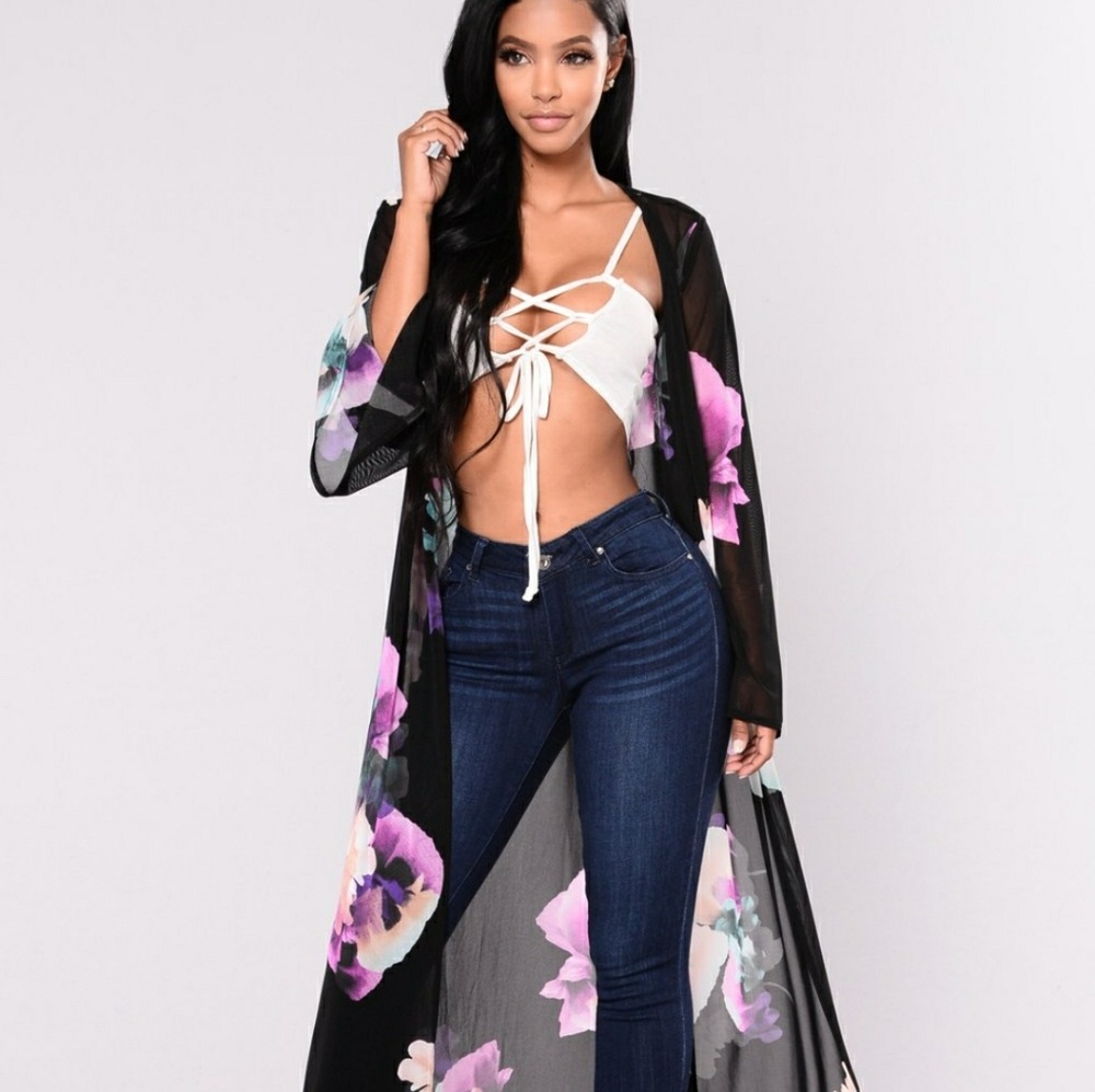 Fashion nova black floral mesh kimono